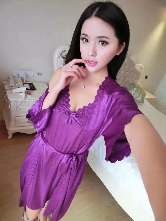 2 Pcs Satin Short Night Dress with Full Sleeves Robe – Elegant Women’s Nightwear