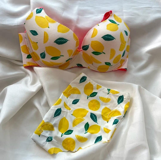 Fancy Printed Lemon Design Pushup Bra Panty Set