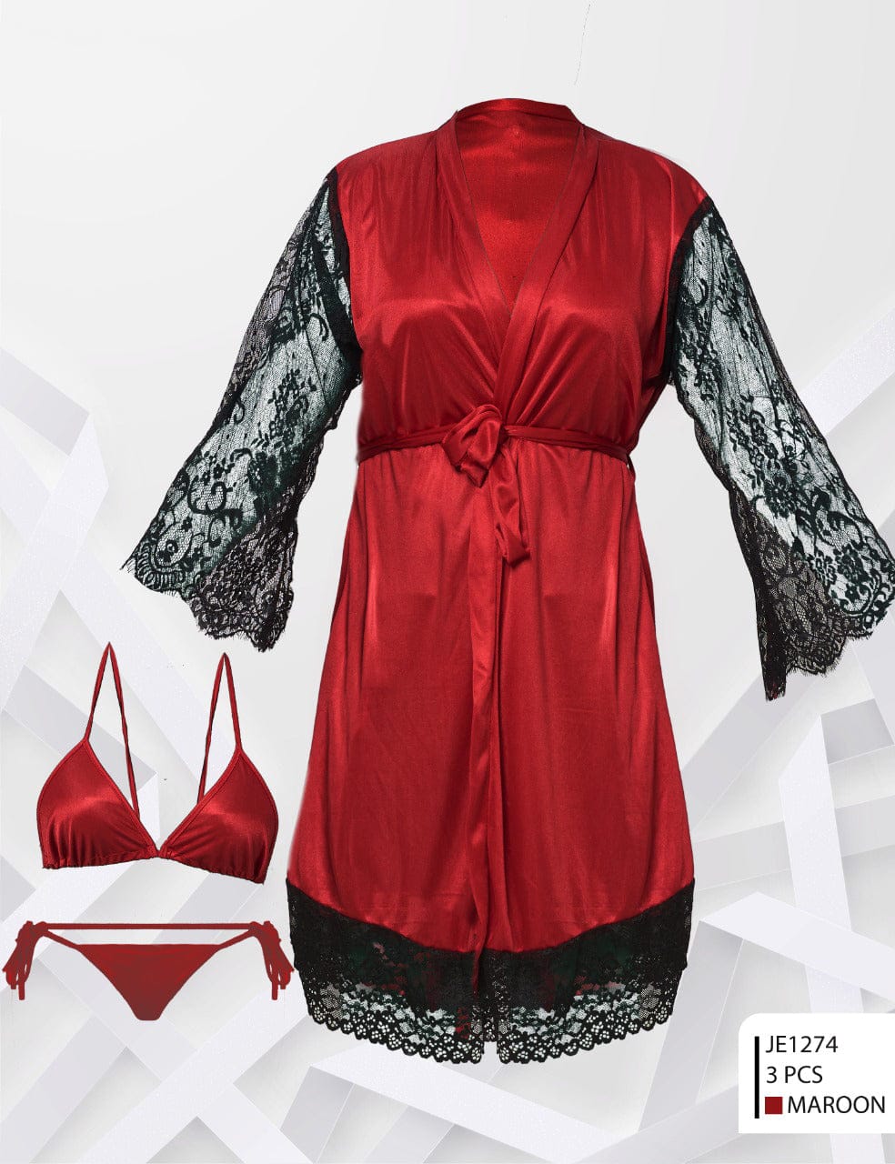 Two Hearts 3-Piece Silk Nighty with Bra & Panty Set – Elegant Nightwear
