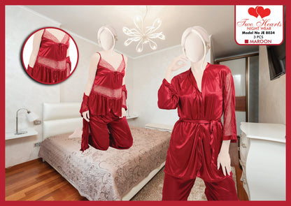 Women’s 3-Piece Satin Nightwear Set – Gown, Nighty & Bra