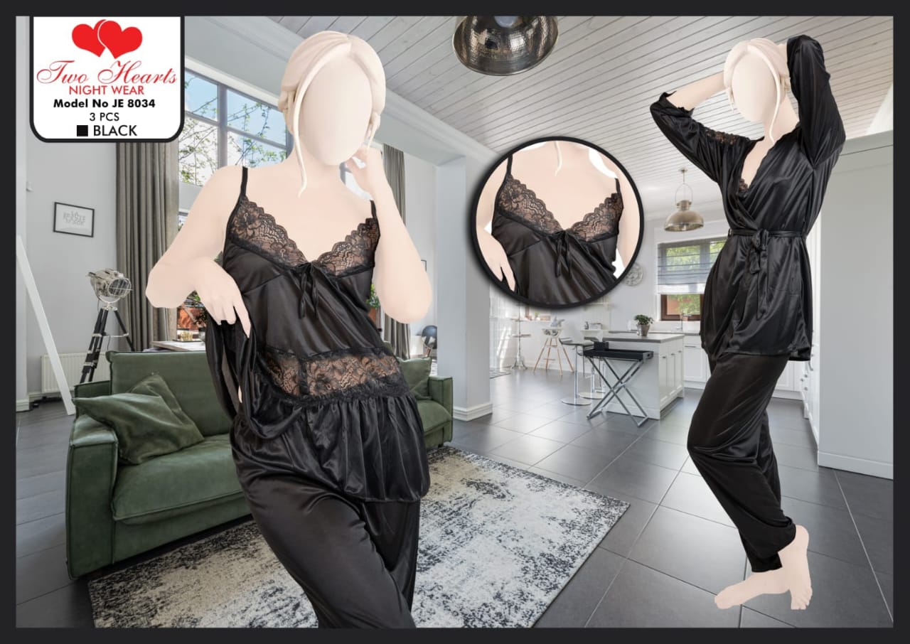 Women’s 3-Piece Satin Nightwear Set – Gown, Nighty & Bra