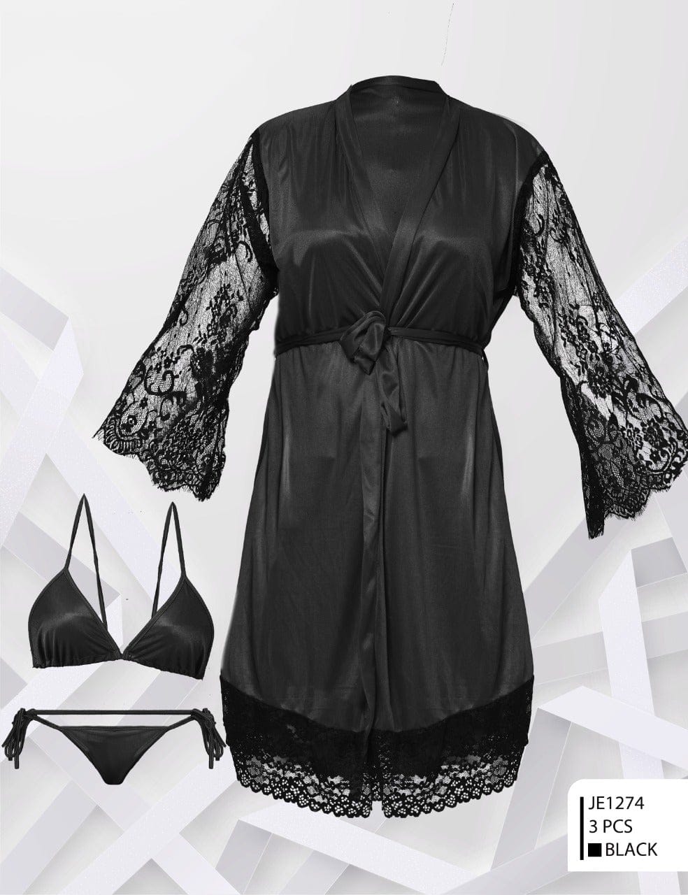 Two Hearts 3-Piece Silk Nighty with Bra & Panty Set – Elegant Nightwear