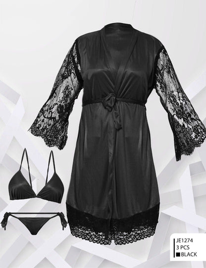 Two Hearts 3-Piece Silk Nighty with Bra & Panty Set – Elegant Nightwear