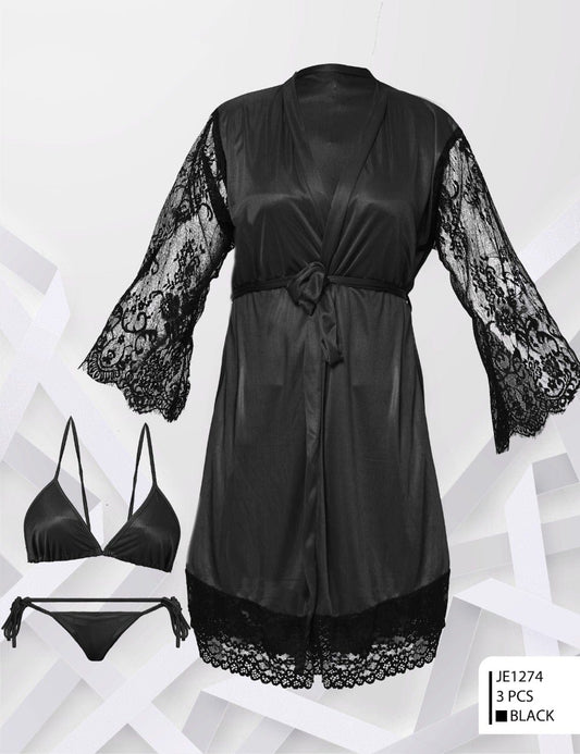 Two Hearts 3-Piece Silk Nighty with Bra & Panty Set – Elegant Nightwear