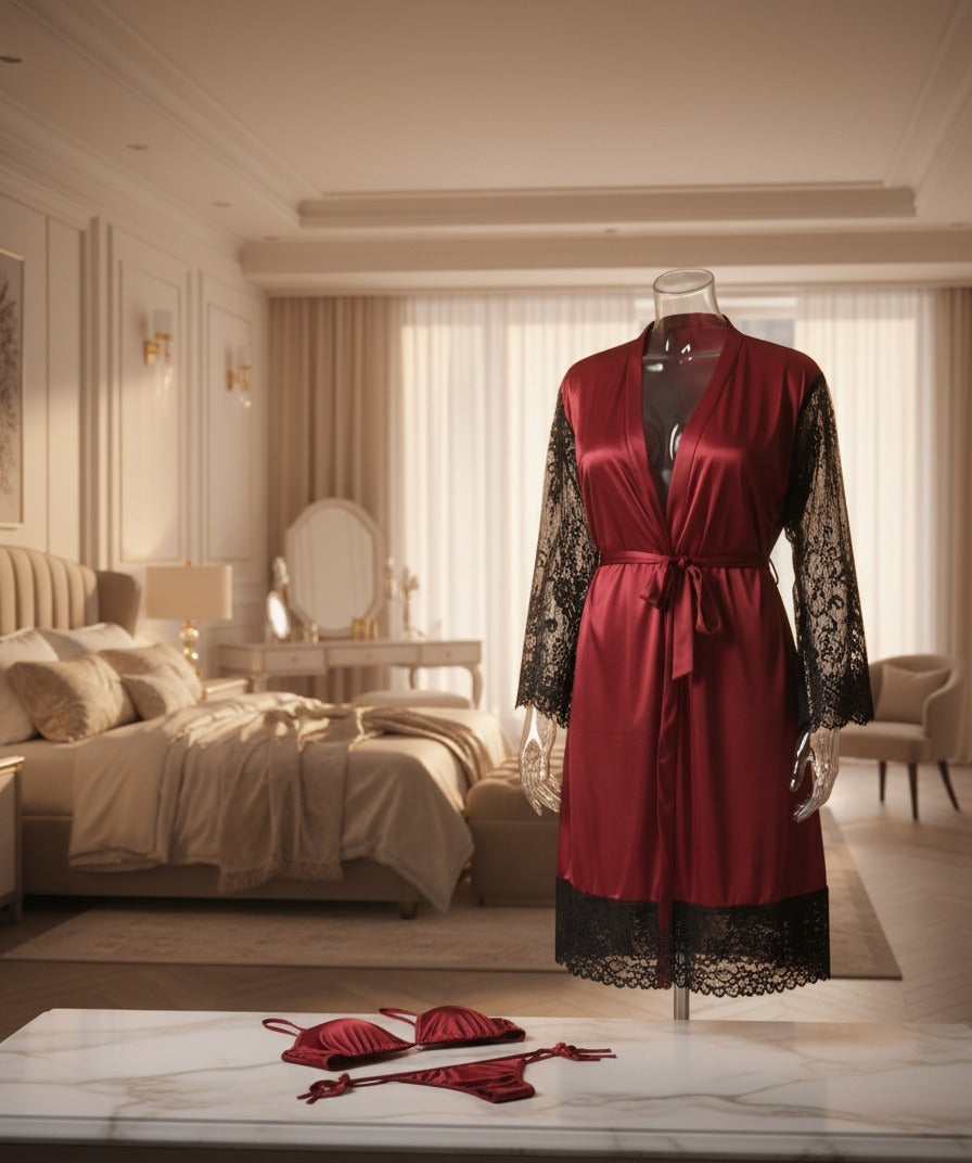 Two Hearts 3-Piece Silk Nighty with Bra & Panty Set – Elegant Nightwear