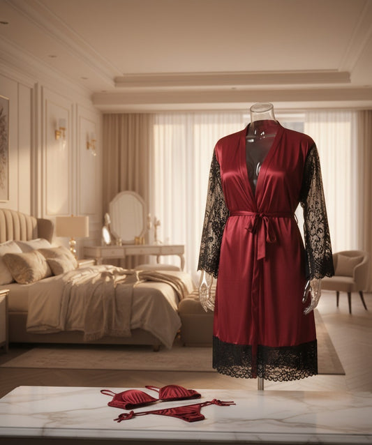 Two Hearts 3-Piece Silk Nighty with Bra & Panty Set – Elegant Nightwear