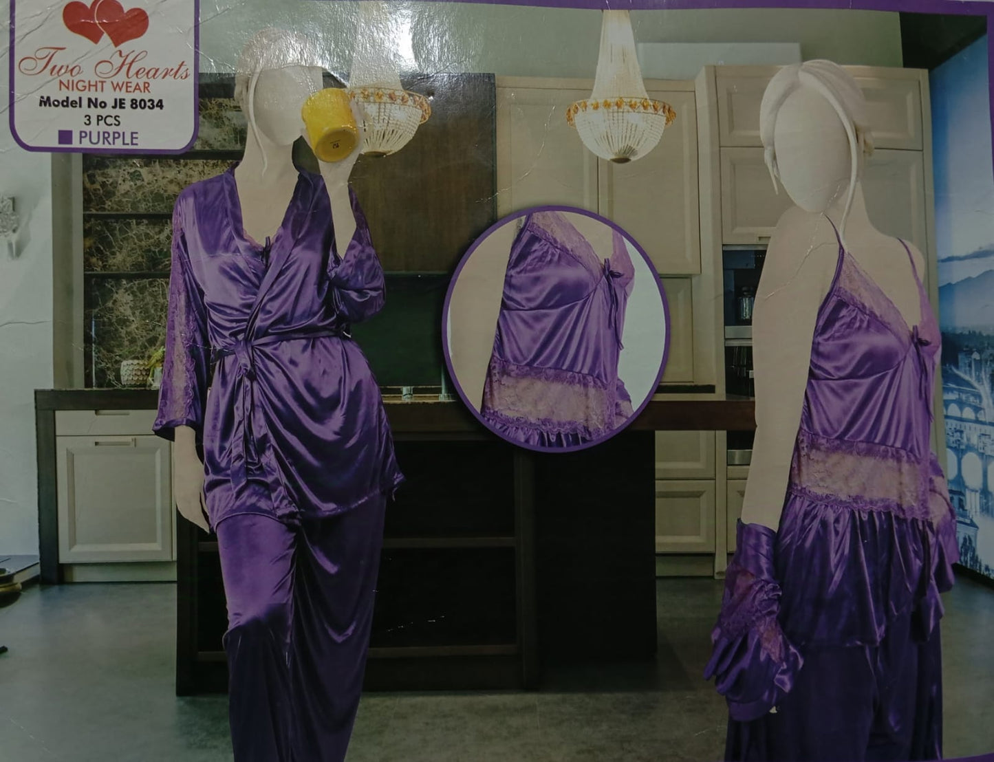 Women’s 3-Piece Satin Nightwear Set – Gown, Nighty & Bra