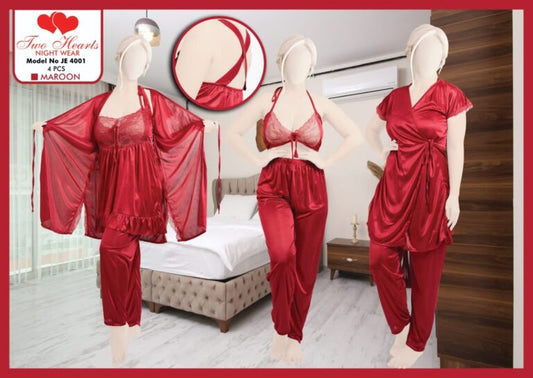 Women’s 4-Piece Nighty Set – Satin & Net