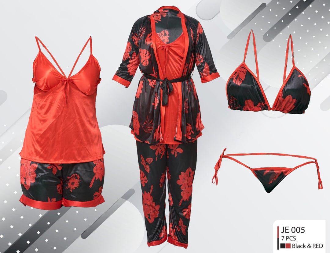 Two Hearts 7-Piece Nighty Set – Black & Red