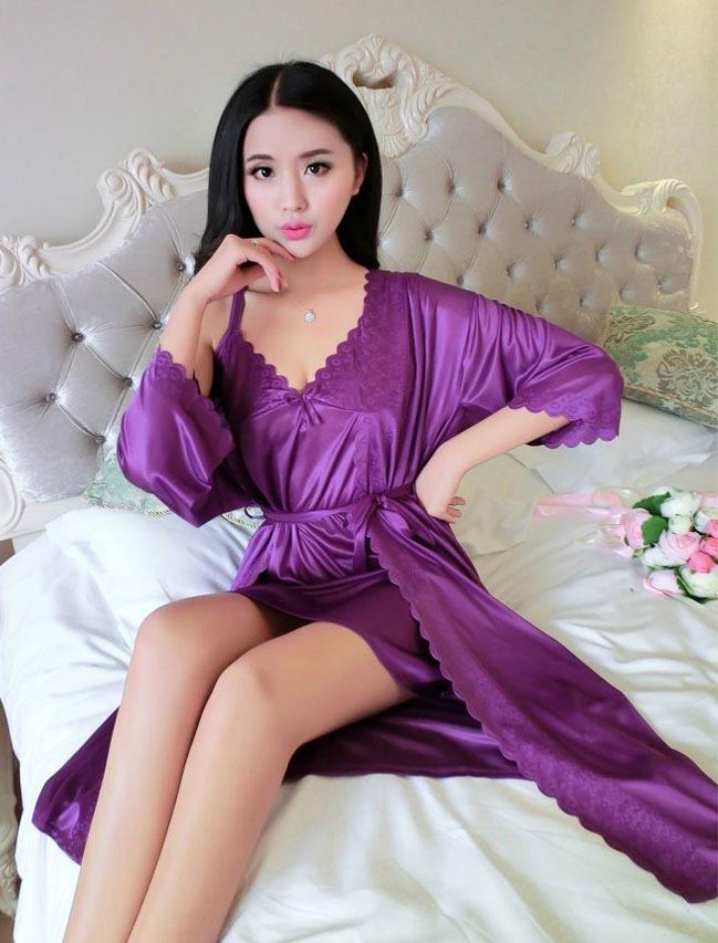 2 Pcs Satin Short Night Dress with Full Sleeves Robe – Elegant Women’s Nightwear