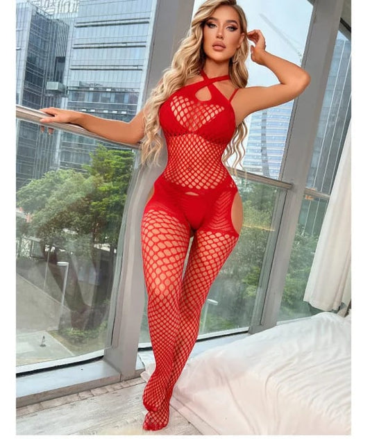 New Red Full Bodystocking for Women – Fishnet Sheer Mesh Bodysuit