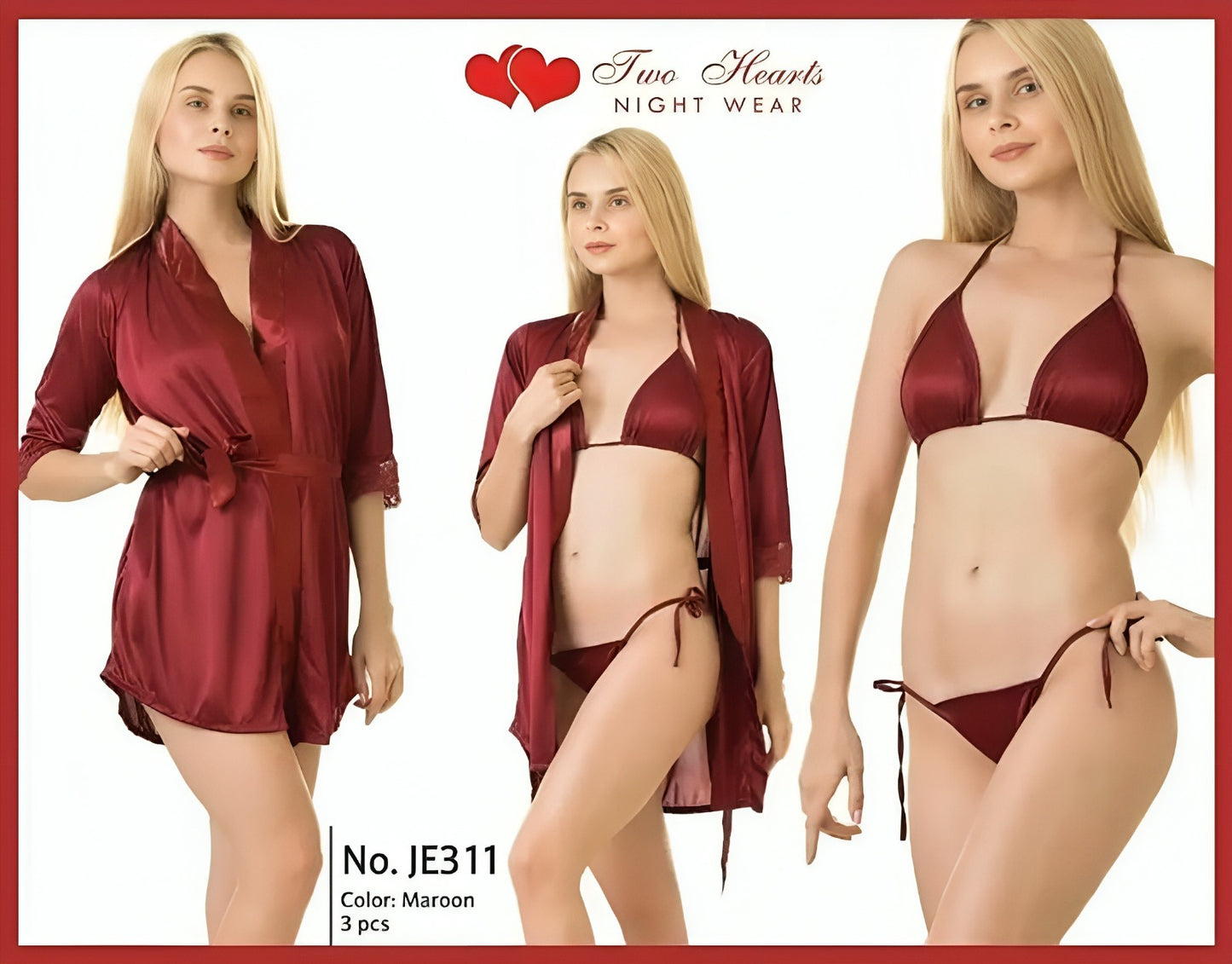 Women’s Gown with Bra & Panty Set – Elegant 3-Piece Nightwear
