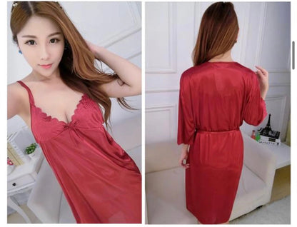 2 Pcs Satin Short Night Dress with Full Sleeves Robe – Elegant Women’s Nightwear