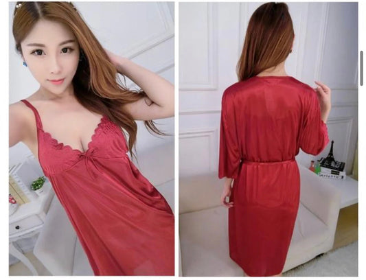 2 Pcs Satin Short Night Dress with Full Sleeves Robe – Elegant Women’s Nightwear