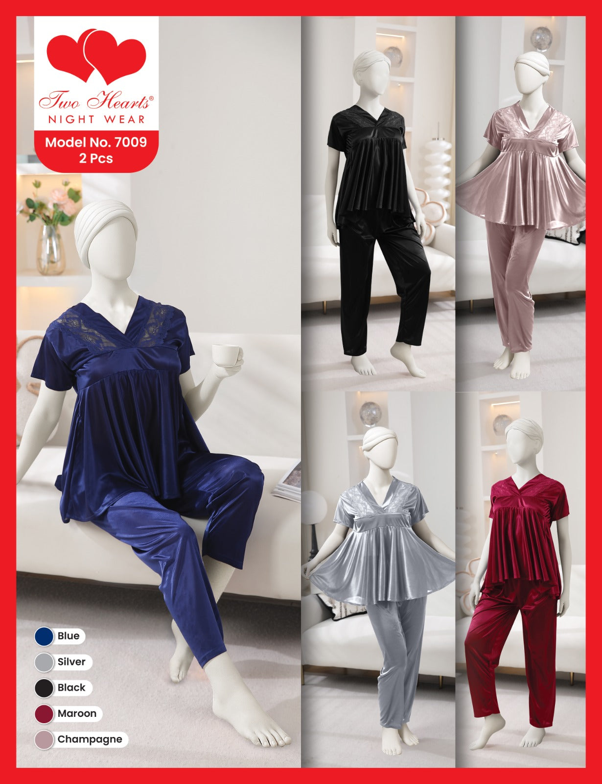 Two Hearts Women’s 2-Piece Nightwear Set – Satin Finish