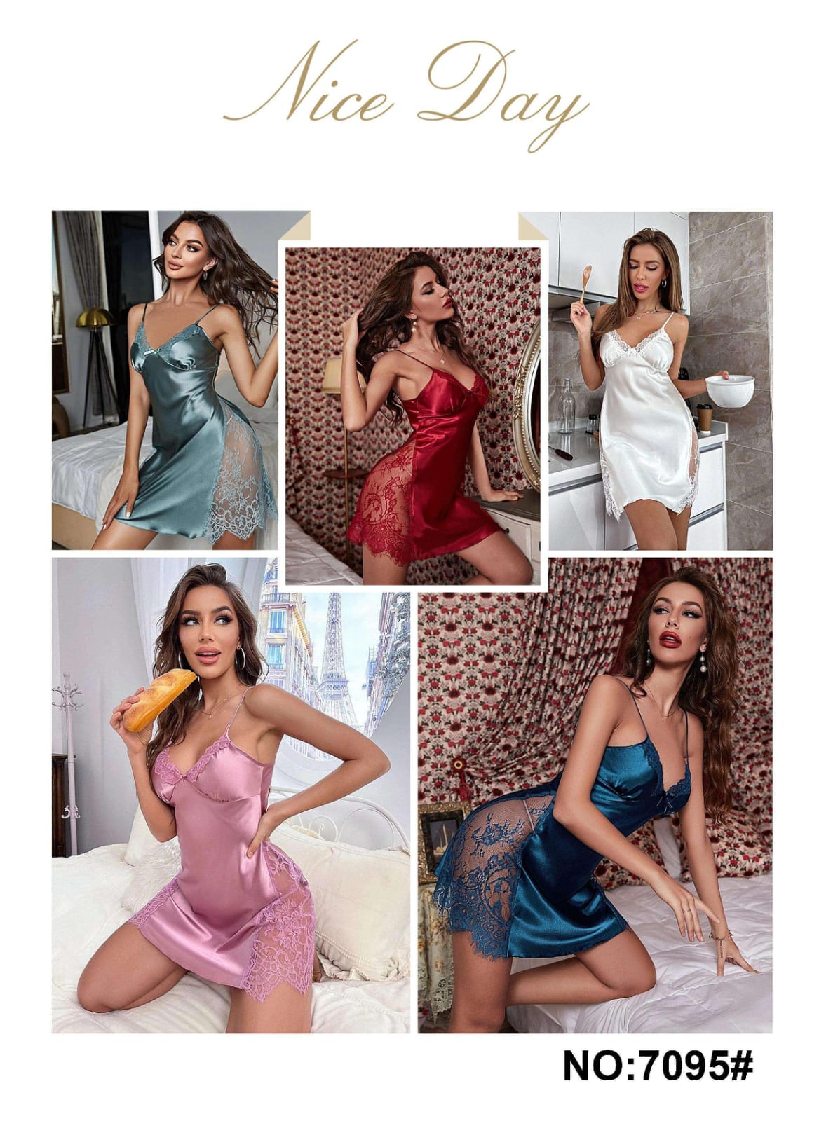 Satin Pajama Nightgown with Contrast Eyelash Lace & Bow Detail