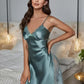 Satin Pajama Nightgown with Contrast Eyelash Lace & Bow Detail