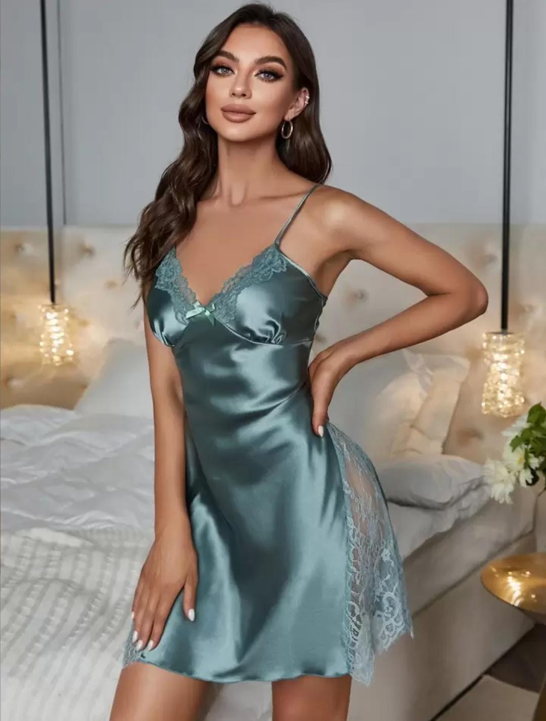 Satin Pajama Nightgown with Contrast Eyelash Lace & Bow Detail