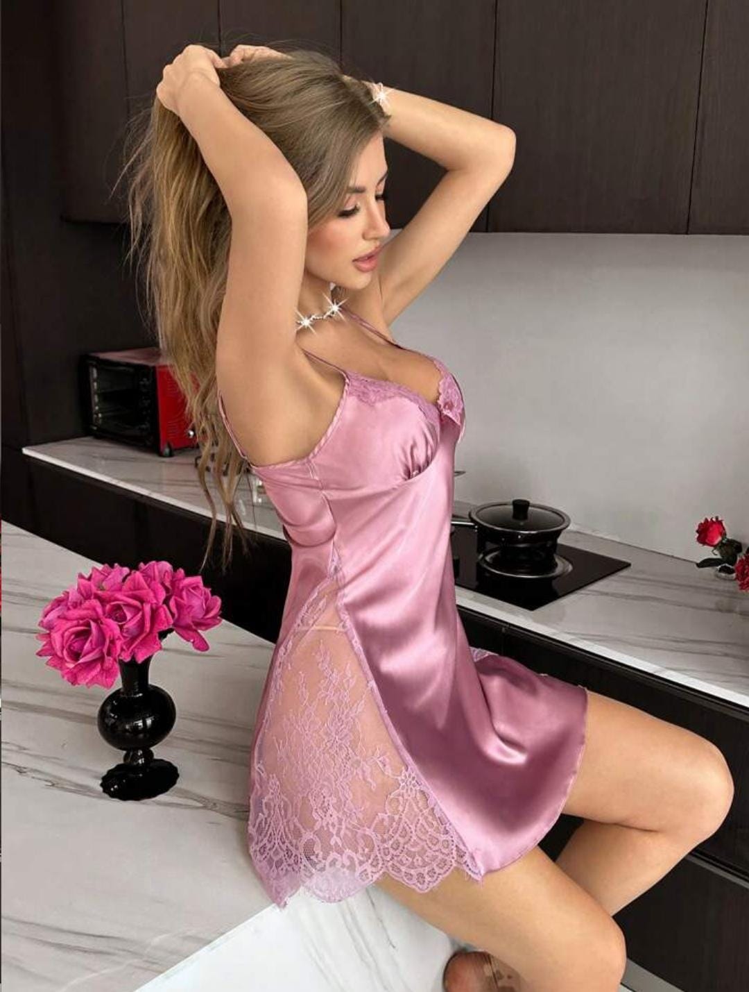 Satin Pajama Nightgown with Contrast Eyelash Lace & Bow Detail