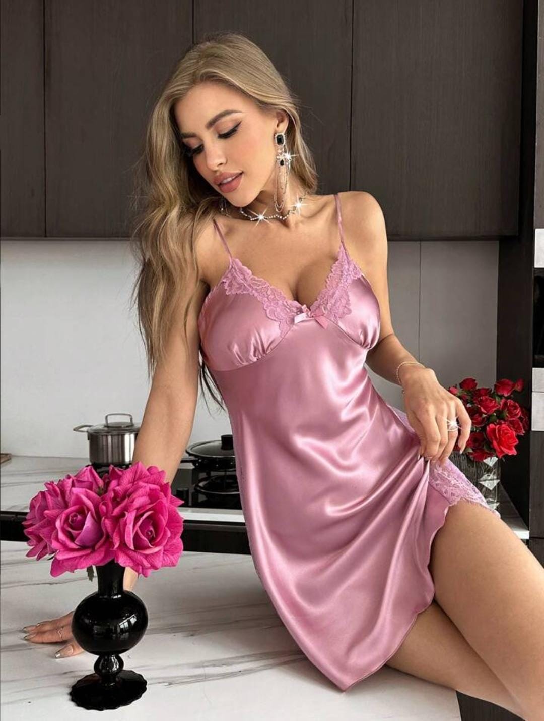 Satin Pajama Nightgown with Contrast Eyelash Lace & Bow Detail