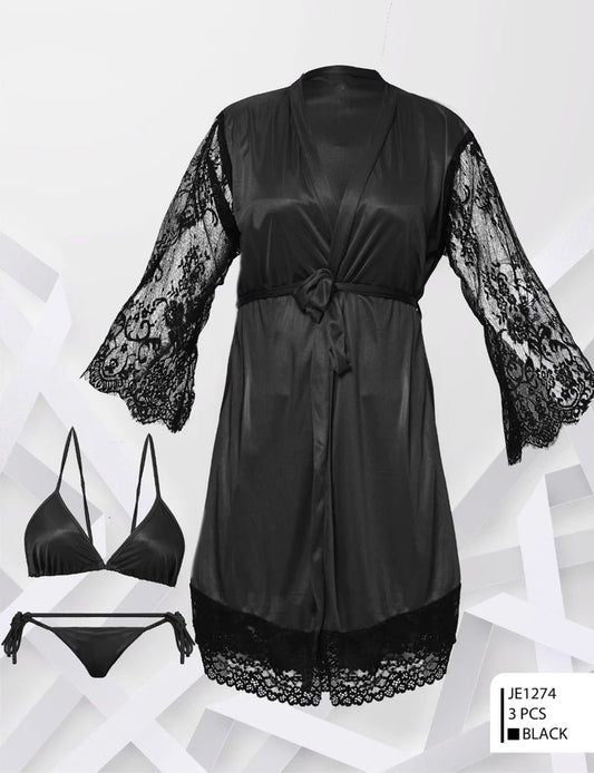 Two Hearts 3 Pcs Silk Nighty Set – JE-1274 | Elegant Women’s Nightwear