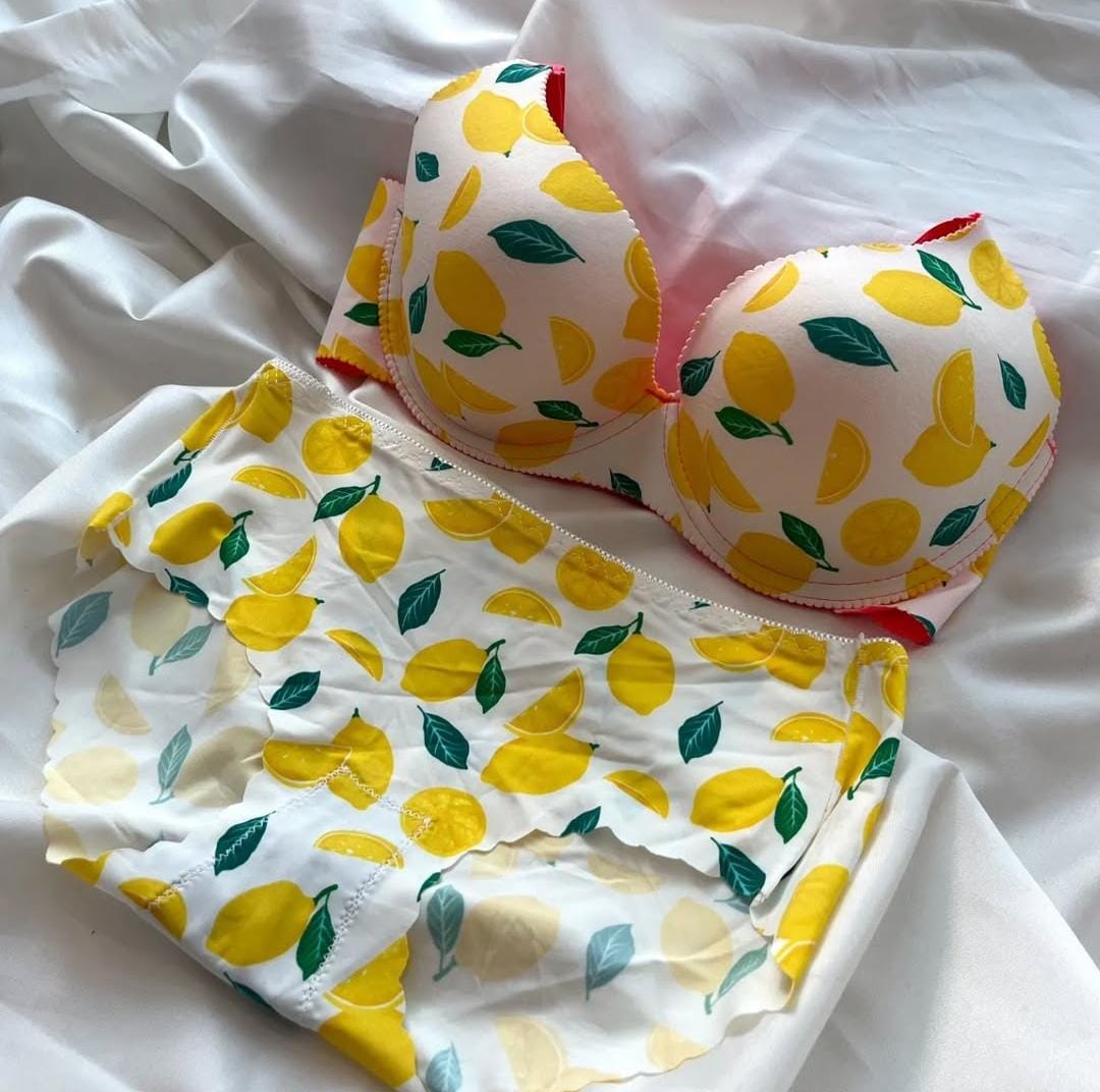 Fancy Printed Lemon Design Pushup Bra Panty Set