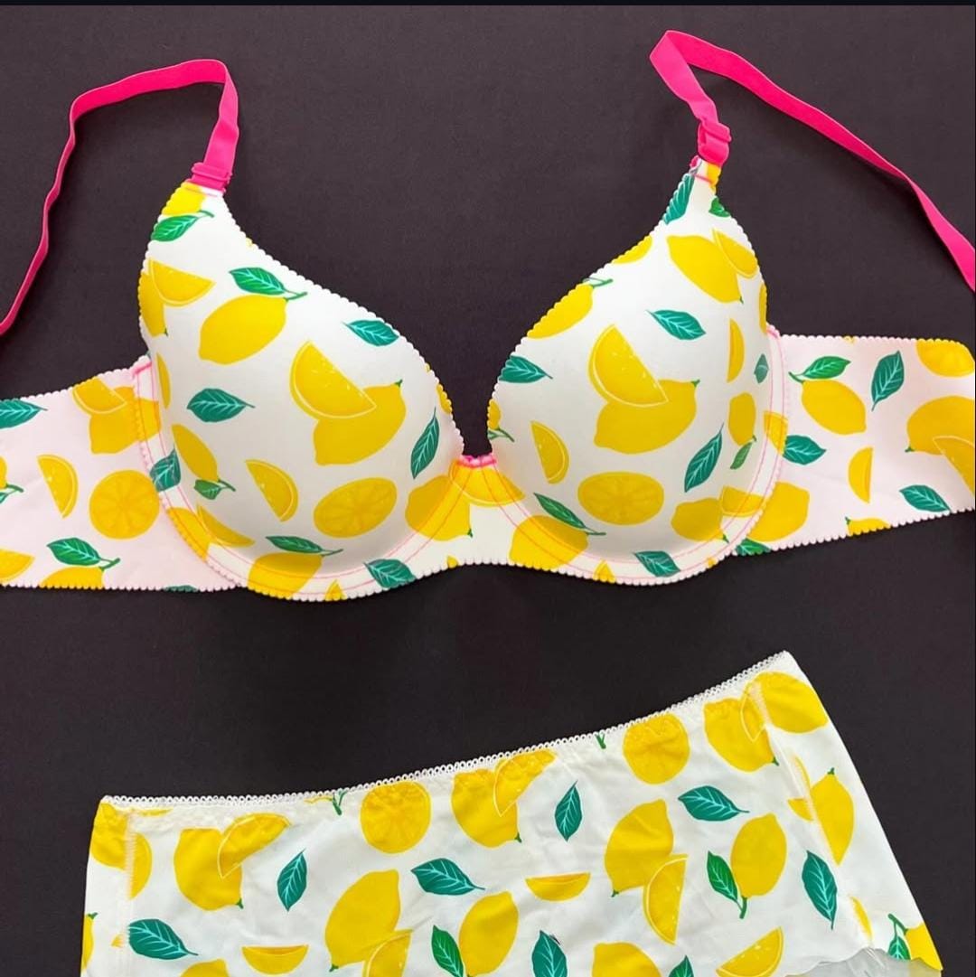 Fancy Printed Lemon Design Pushup Bra Panty Set