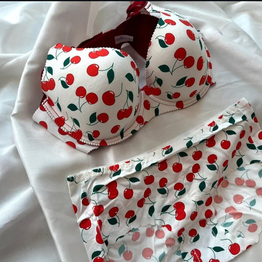 Fancy Printed Cherry Design Pushup Bra Panty Set