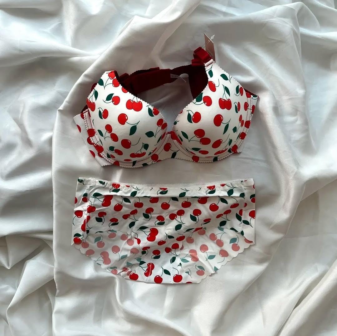 Fancy Printed Cherry Design Pushup Bra Panty Set