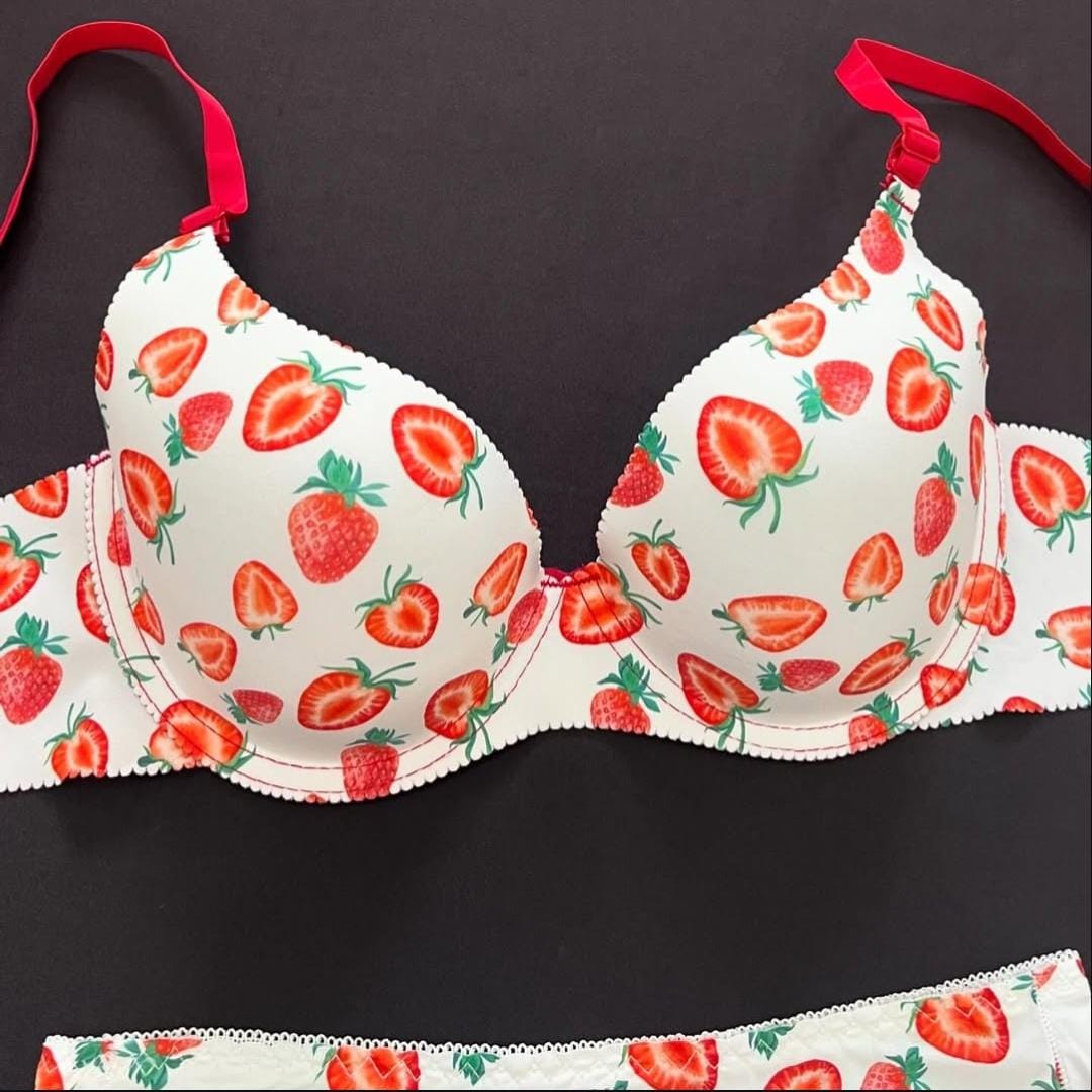 Fancy Printed Strawberry Design Pushup Bra Panty Set