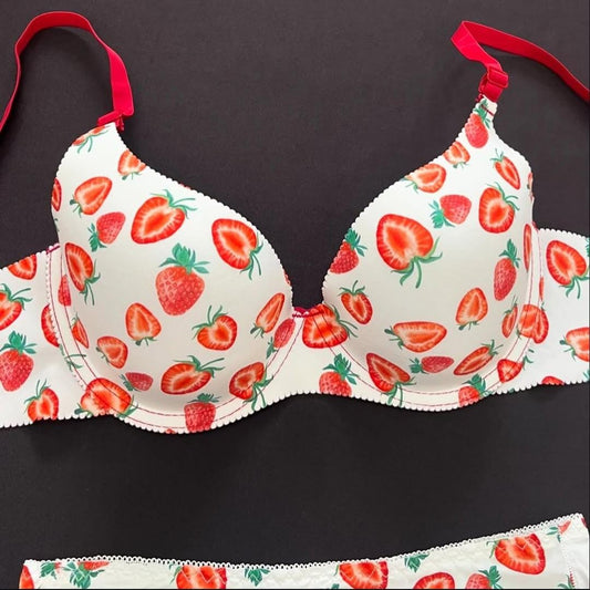 Fancy Printed Strawberry Design Pushup Bra Panty Set